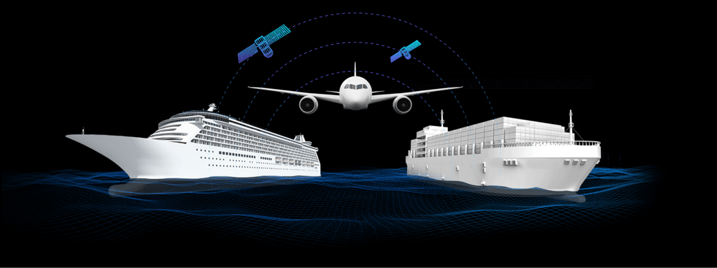 Cruise ship, airplane, shipping vessel in white.